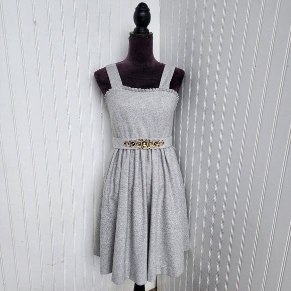 Banana Republic Gray Wool Jewel Yellow Wide Straps Dress Belted Petite 4P - Picture 1 of 16